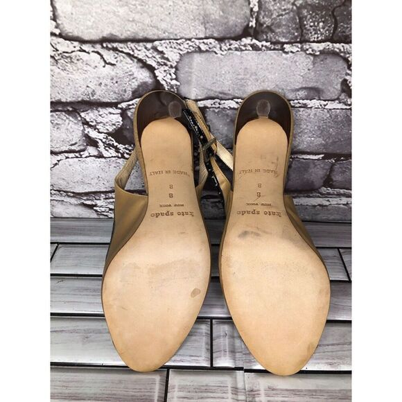 Kate Spade Camel Brown Black Patent Leather  Peep Toe Stiletto Heels Women Sz 8B - Picture 12 of 16